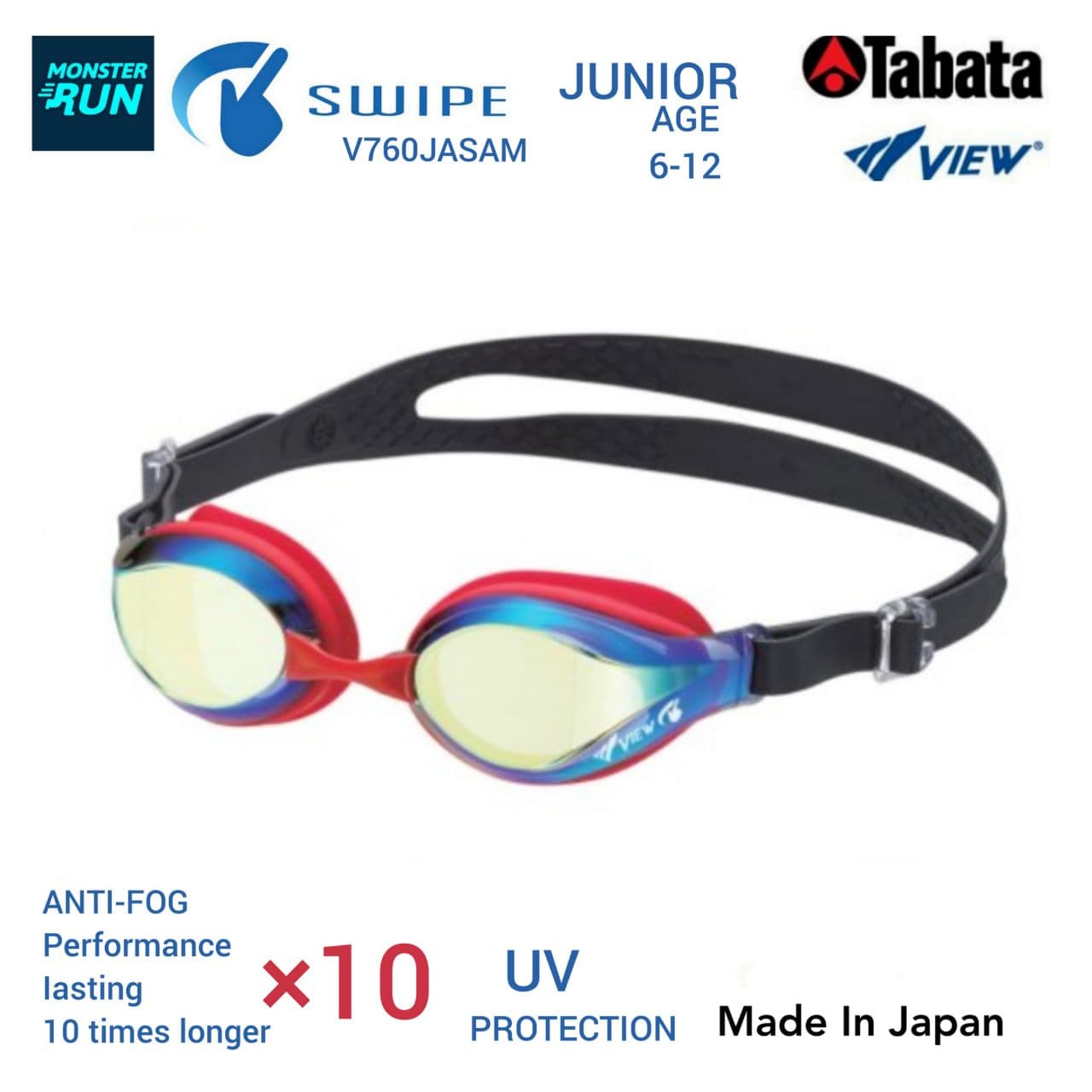 แว่นตาว่ายน้ำเด็กเลนส์ฉาบปรอท VIEW SWIPE ANTI-FOG V760JASAM JUNIOR  AGE 6-12