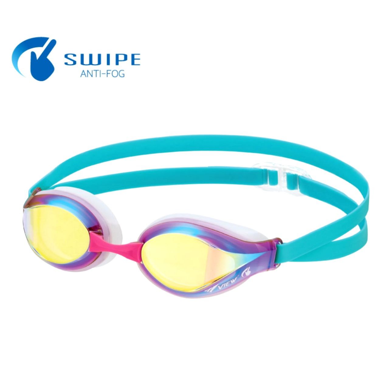 แว่นตาว่ายน้ำแข่งขันเด็ก เลนส์ฉาบปรอท VIEW V260JSAM SWIPE ANTI-FOG JUNIOR AGE 6-12